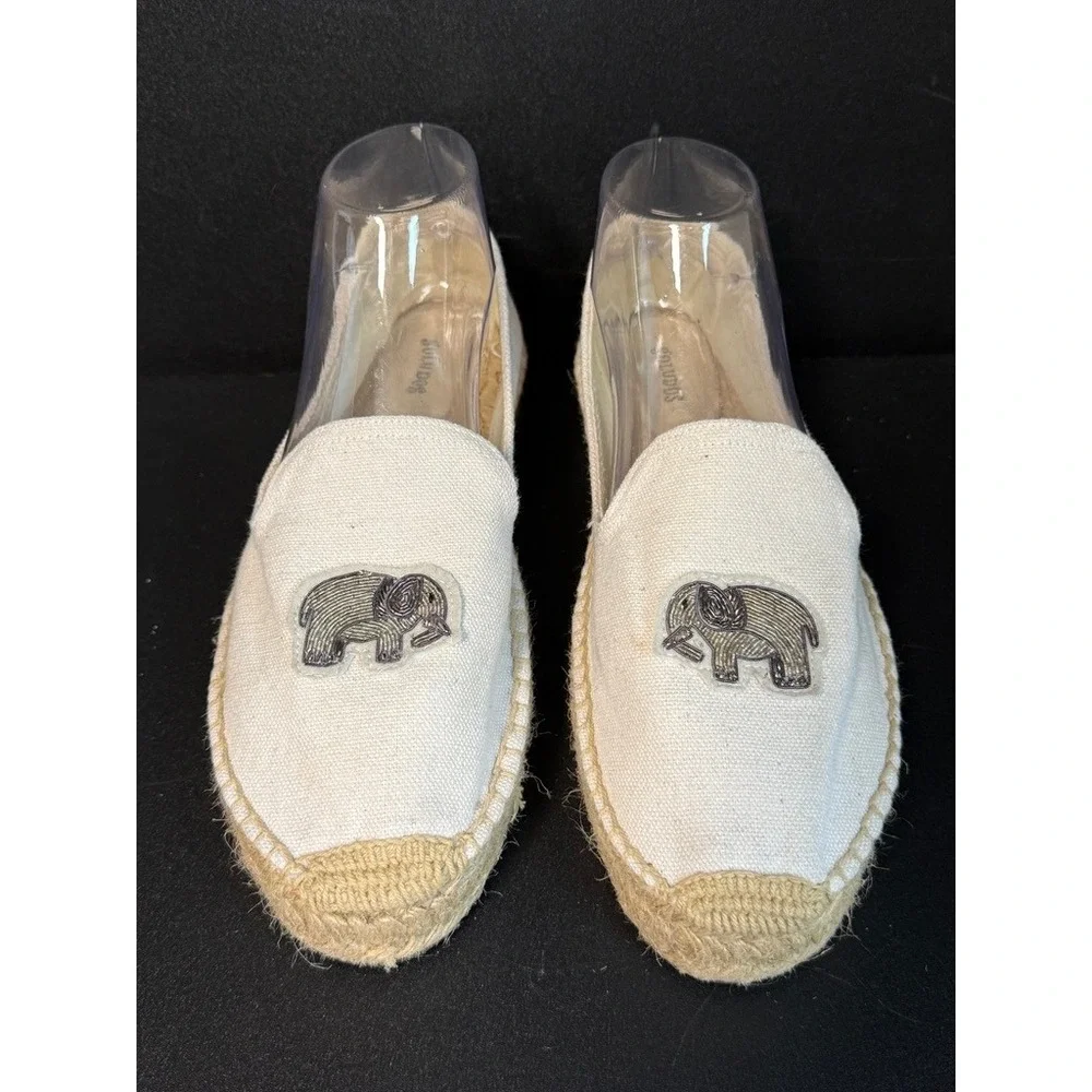 Soludos Womens‎ 11 Espadrilles Slipons Cream Canvas Beaded Elephant Flats Shoes